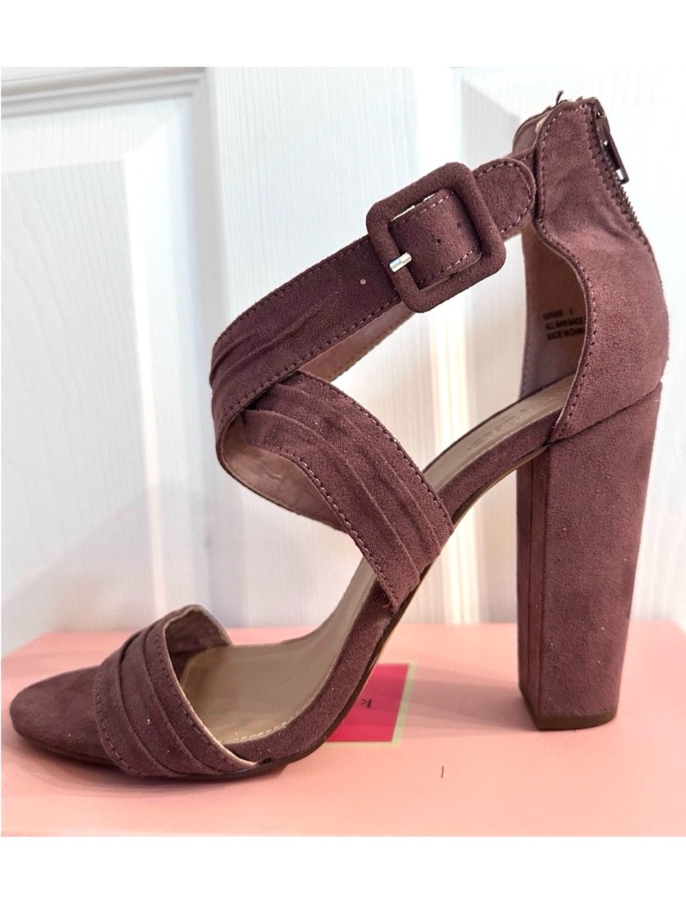 KANINI ~ Faux Purplish Suede Slip-In Strappy 4” Heels with Zippered Back size 9